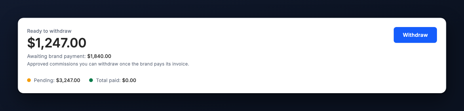 The partner payout page: Ready to withdraw, with Awaiting brand payment underneath